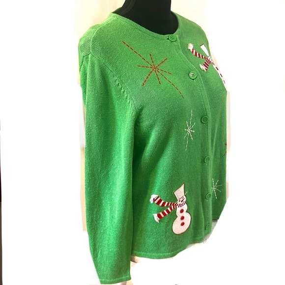 Crystal Kobe Christmas Cardigan Sweater Sm Green Felt Snowman Stitched - Picture 2 of 11